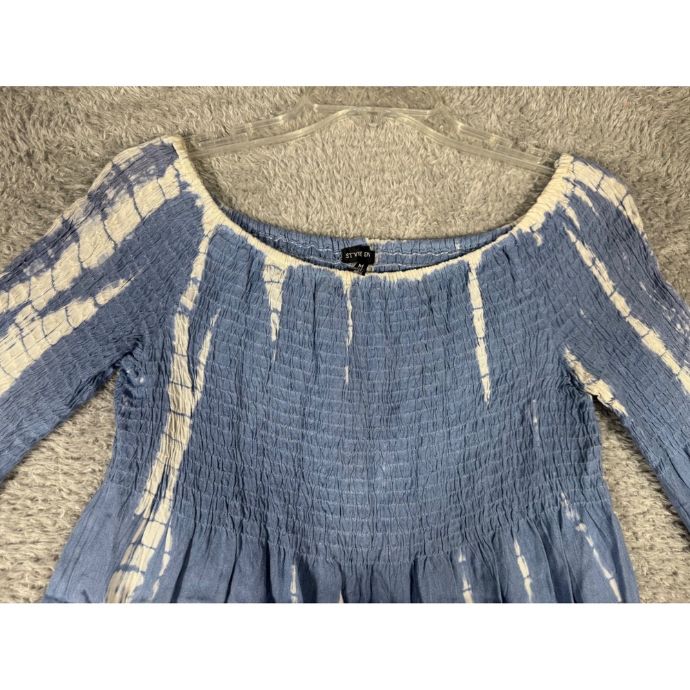 Style Envy Tunic Top Womens M Blue Tie Dye peas Smocked Bell Sleeve peasant - Picture 2 of 10